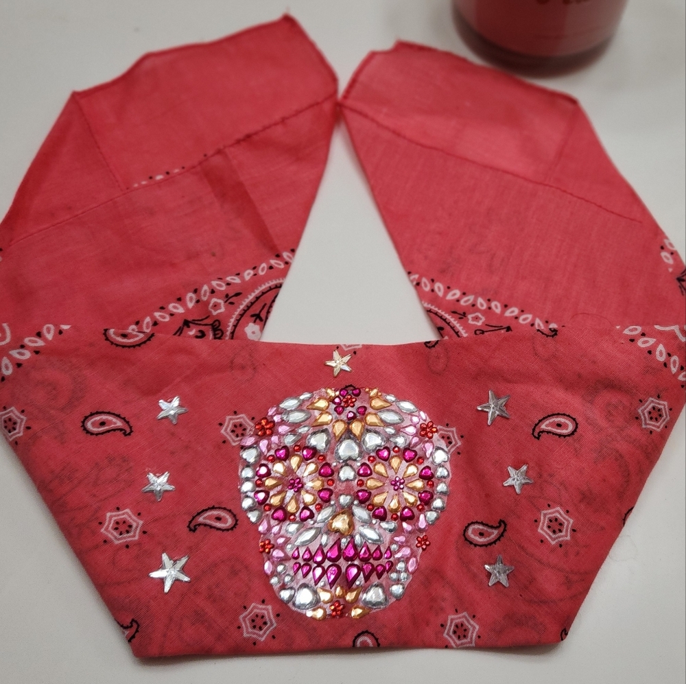 Paisley bandana  embellished Skull with pink and silver rhinestones.